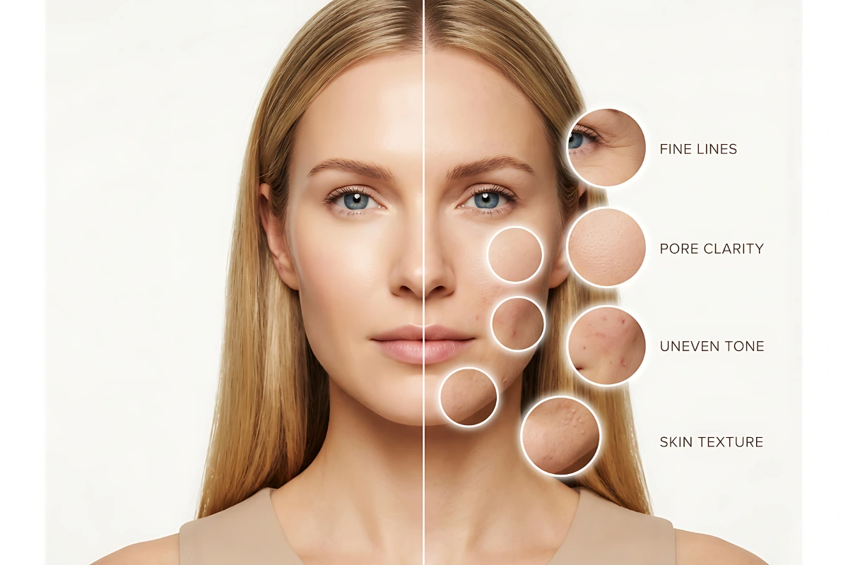 Comparison showing how SkinVive improves dehydrated skin by reducing the appearance of fine lines, enhancing skin texture, improving pore clarity, and creating a more even skin tone at The Confidence Collective.