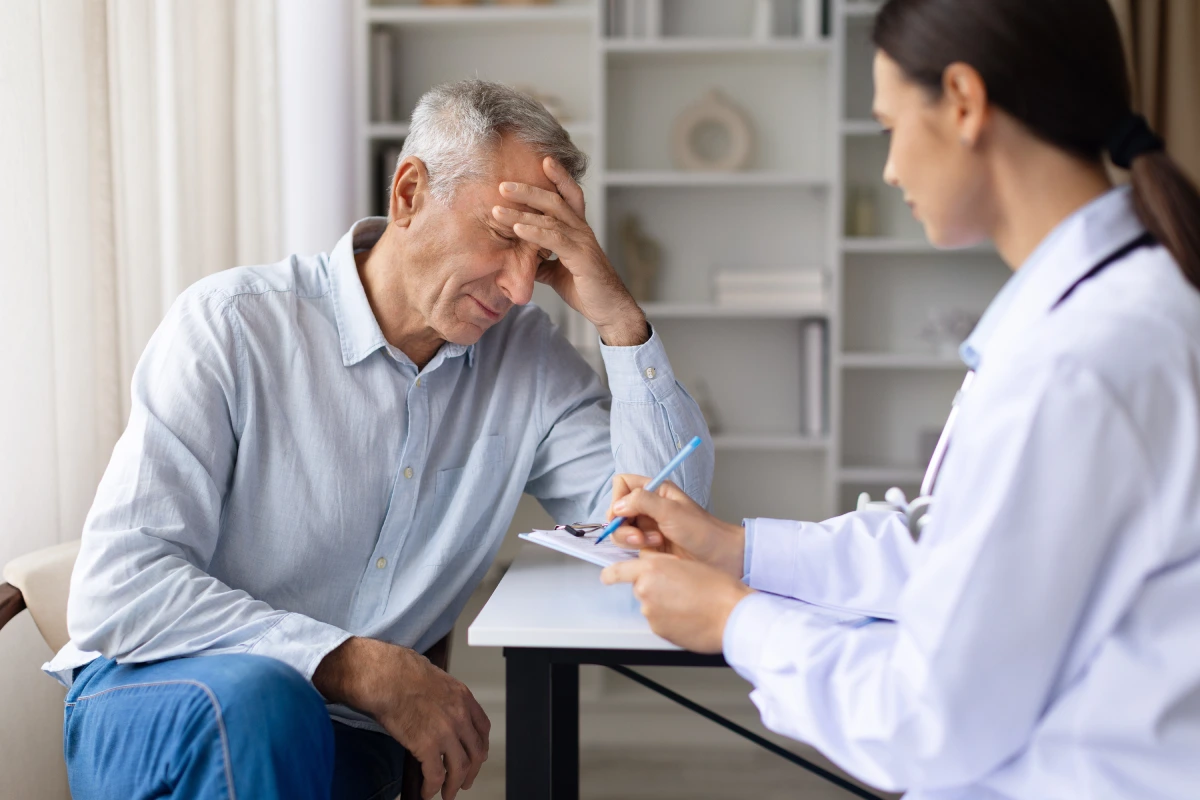 Patient consulting with a healthcare provider about NAD+ injections for chronic fatigue, brain fog, and natural energy support.