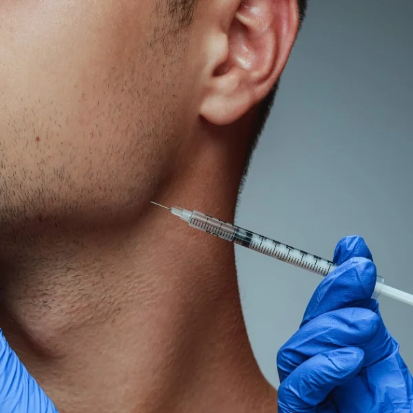 A close-up of a man receiving a jawline injection for Botox® for Excessive Sweating in Sioux Falls, SD.