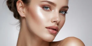 Radiant woman with flawless skin receiving skincare treatment at med spa