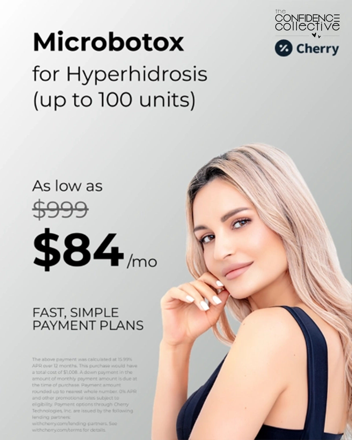 Microbotox for hyperhidrosis promotional ad with pricing and a smiling woman.