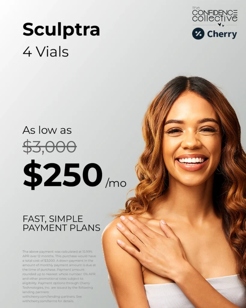 Sculptra 4 vials promotional ad showing discounted pricing and a smiling woman.