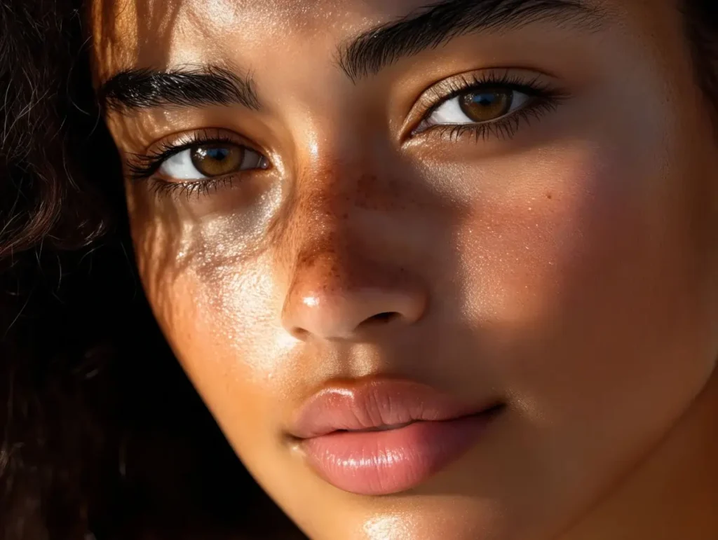 Close-up of a woman’s glowing skin and lips in sunlight, SkinVive treatment.