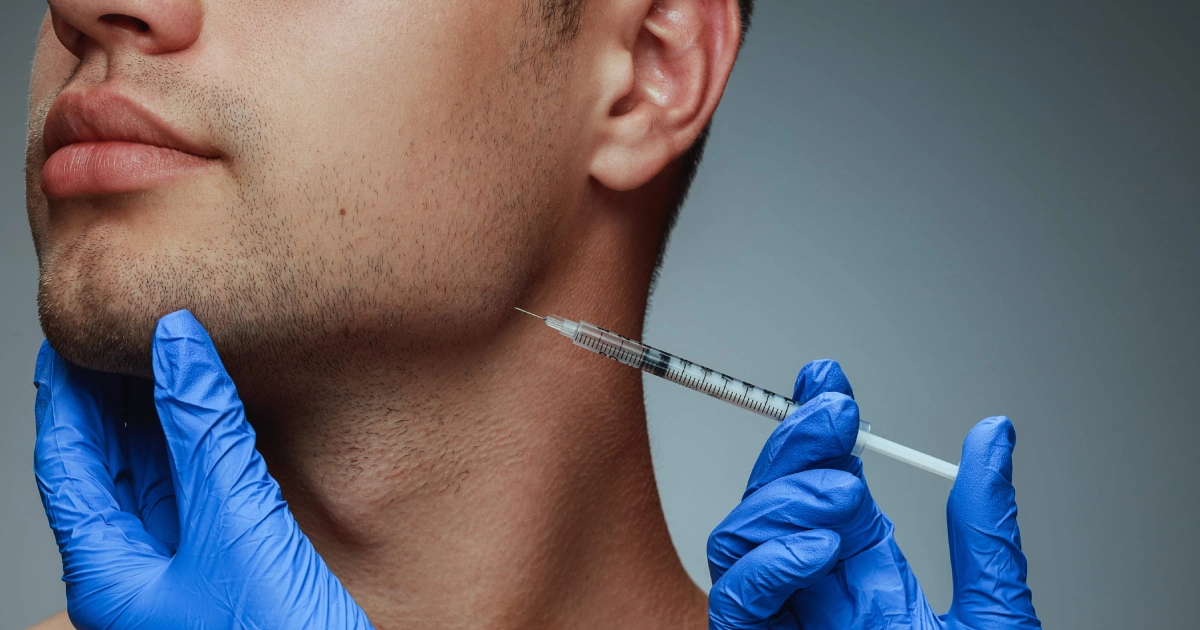A close-up of a man receiving a jawline injection for Botox® for Excessive Sweating in Sioux Falls, SD.