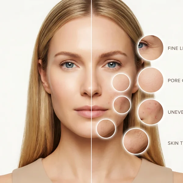 Comparison showing how SkinVive improves dehydrated skin by reducing the appearance of fine lines, enhancing skin texture, improving pore clarity, and creating a more even skin tone at The Confidence Collective.